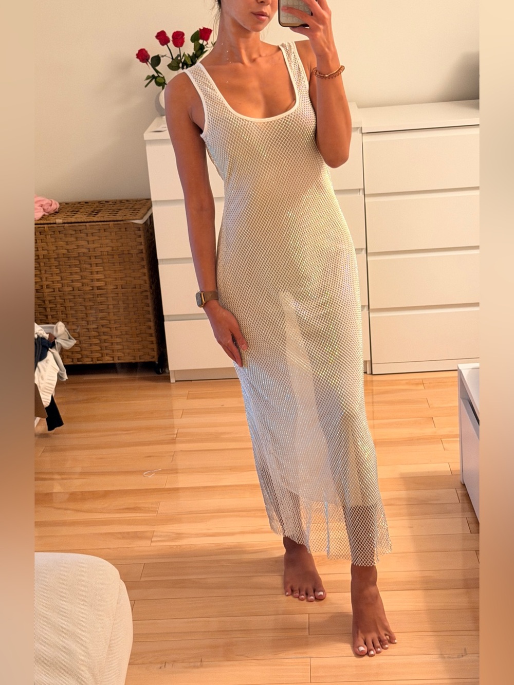 White Semi-Sheer Mesh Rhinestone Maxi Dress - S